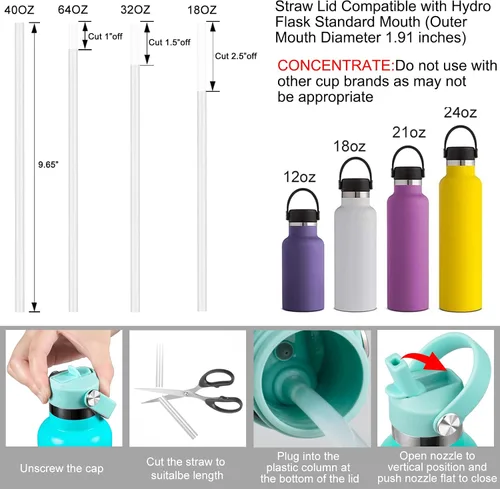 Vista 3 de Tapa de popote compatible con botella de agua de boca estándar de 24 onzas y 21 onzas, tapas con popote para botellas de agua Hydroflask, parte