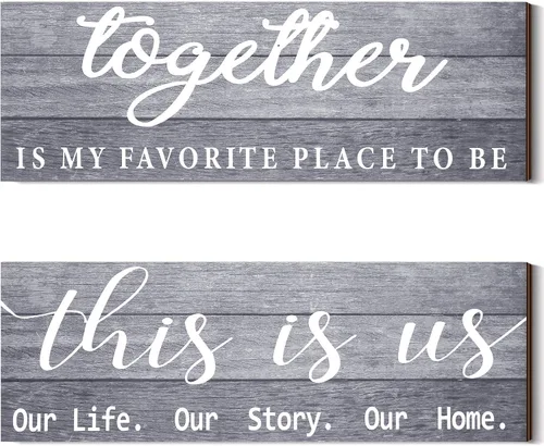 Vista 9 de Jetec 2 letreros de madera para pared del hogar, decoración de pared con texto en inglés "This Is Us", color gris antiguo