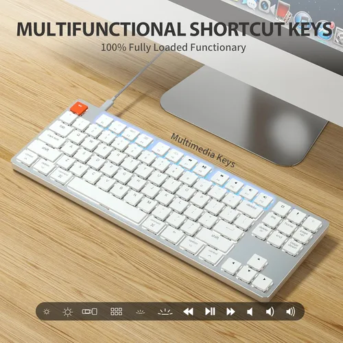 Vista 9 de Teclado mecánico de perfil bajo para Mac, interruptor marrón de 87 teclas, teclado Apple retroiluminado blanco con cable tipo C, ultra delgado