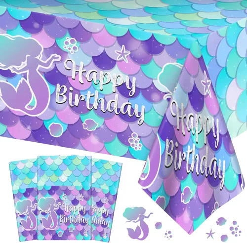 Vista 8 de 1 mantel de sirena – Mantel de sirena de feliz cumpleaños, mantel rectangular de plástico desechable con diseño de sirenas para decoración