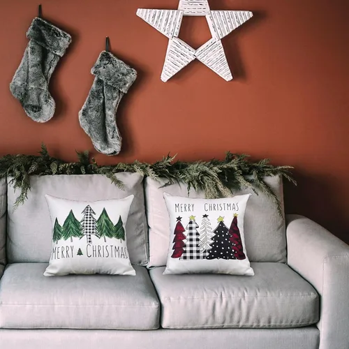 Vista 6 de ONWAY Juego de 2 fundas de almohada de Navidad de 16 x 16 pulgadas, fundas de almohada de Navidad de búfalo rojo a cuadros, color negro y verde Beige