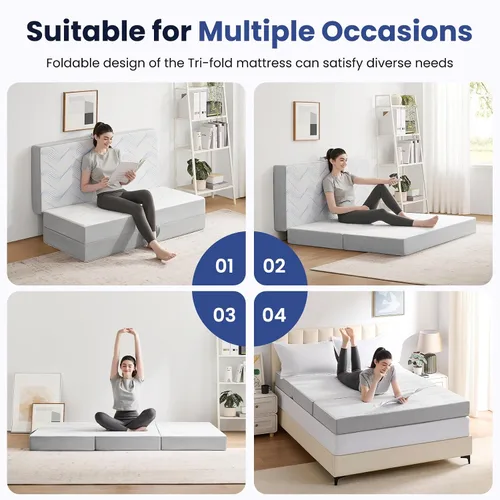 Vista 4 de Colchón plegable tamaño matrimonial, colchón plegable de espuma viscoelástica de 3 pulgadas, sofá cama plegable con funda transpirable y lavable