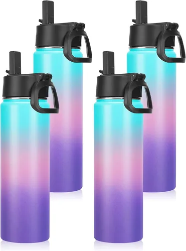 Vista 41 de Neihepal Botellas de agua aisladas de 22 onzas con tapa con popote a prueba de fugas, botella de agua de acero inoxidable de doble pared de boca