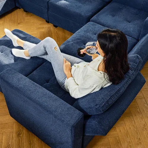 Vista 6 de Belffin Sofá modular modular en forma de U de almacenamiento reversible con tumbonas dobles, juego de sofá modular con tela otomana, color azul