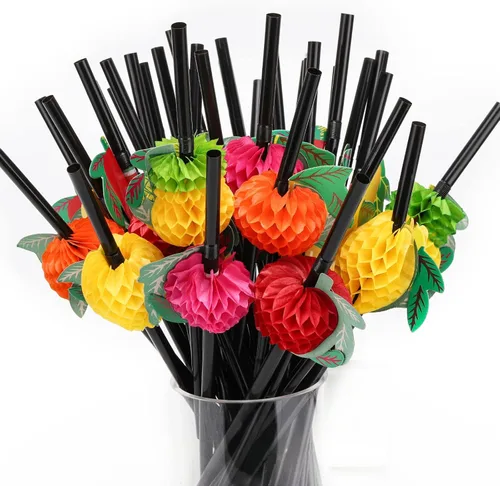 Vista 8 de 100 unidades de pajitas de árbol de coco, pajitas desechables de plástico en forma de panal, suministros para decoración de fiesta tropical hawaiana
