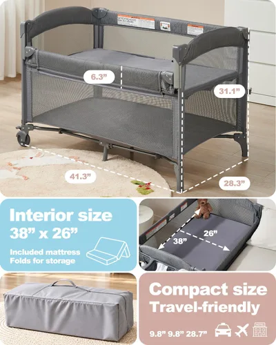 Vista 5 de Cuna de bebé 4 en 1, cama de noche, corral, cambiador Gris-Carbón