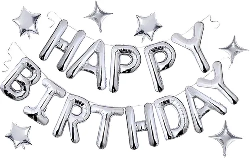 Vista 12 de Globos azules de letras de papel de aluminio de Mylar de 16 pulgadas con 6 globos de estrella, decoraciones de fiesta de feliz cumpleaños