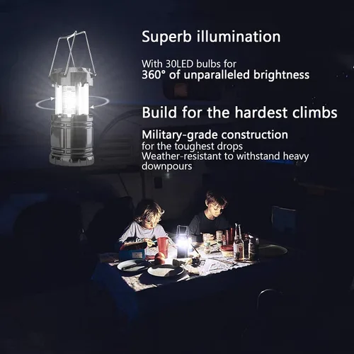 Vista 4 de Linterna de campamento, paquete de 4 luces LED de campamento ajustables de brillo, plegable, IPX4, impermeable, para cortes de energía, emergencia