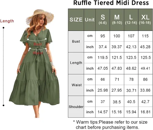 Vista 6 de PRETTYGARDEN Vestidos de verano para mujer 2023, cuello en V, manga corta, bohemio, vestido midi con lazo en la cintura, vestidos de playa