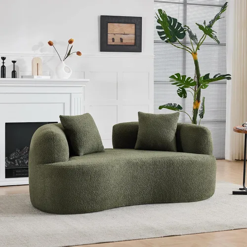 Vista 10 de Sofá biplaza curvado moderno de 67 pulgadas, sofá tapizado de terciopelo de peluche, cómodo sofá comprimido con 2 almohadas para espacios pequeños
