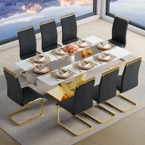 Vista 50 de Juego de mesa de comedor para 4, mesa de comedor de mármol sintético de 63 pulgadas con patas y base de acero inoxidable, sillas acolchadas