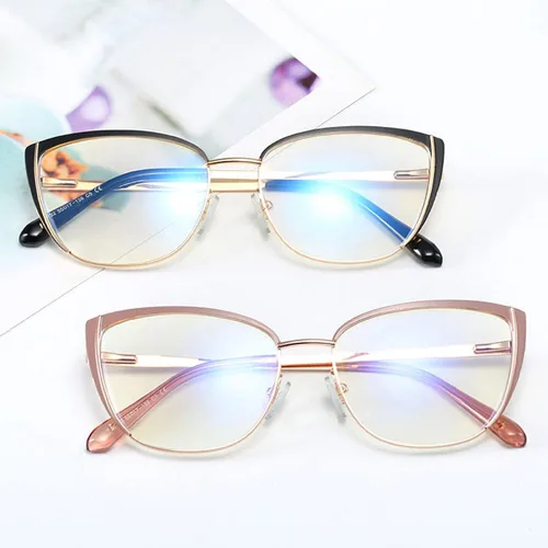 Vista 5 de Gafas de bloqueo de luz azul retro para mujer, marco de metal, gafas de ojo de gato