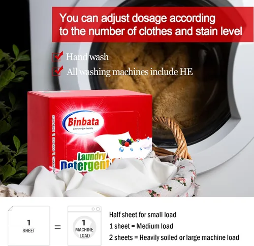 Vista 4 de Hojas de detergente para ropa Binbata, hasta 128 cargas con aroma a bayas, hipoalergénicas, ecológicas, biodegradables, sin plástico, sin líquido