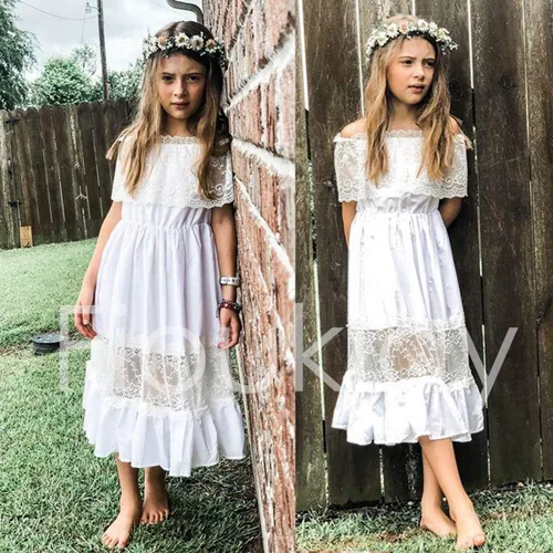 Vista 2 de fioukiay Vestido de princesa para niña pequeña bohemio hombros descubiertos encaje volantes vestidos de vacaciones Marfil blanco vino