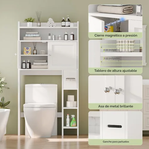 Vista 5 de MU Gabinete de almacenamiento sobre el inodoro con puertas, organizador de almacenamiento de baño de 32 pulgadas con estantes laterales, estante