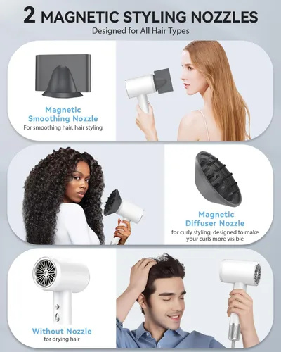 Vista 3 de Secador de pelo de alta velocidad iónico para cabello rizado, silencioso con control térmico y boquilla para viajes en casa, color blanco
