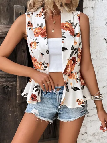 Vista 6 de Floerns Blazer sin mangas con estampado floral y cuello de chal y dobladillo con volantes para mujer