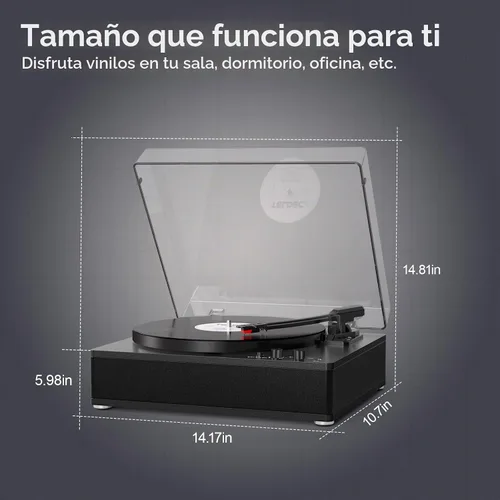 Vista 5 de Reproductor de discos de vinilo con altavoces estéreo, tocadiscos de tamaño completo para discos de vinilo, entrada y salida Bluetooth, reproductor