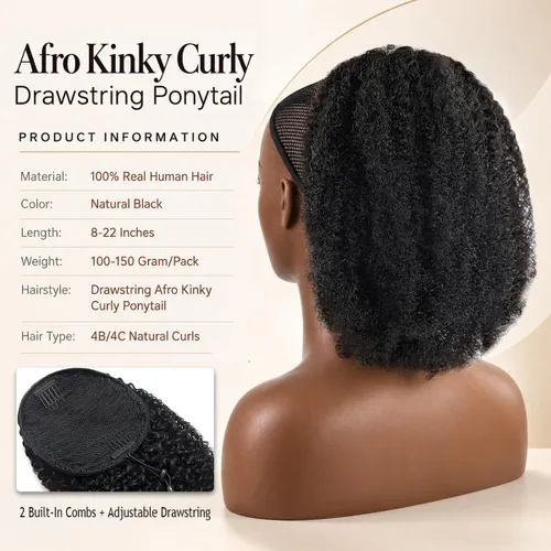 Vista 3 de beauty youth Cola de caballo afro de cabello humano rizado con cordón, 8