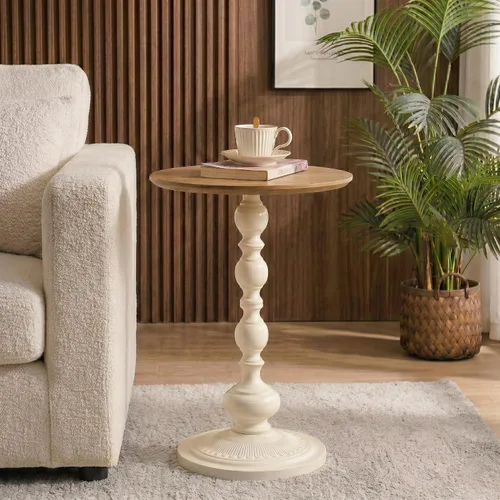 Vista 14 de Framhose - Mesa auxiliar redonda, mesa auxiliar pequeña con parte superior de madera y base negra, mesa de pedestal para sala de estar, esquinas