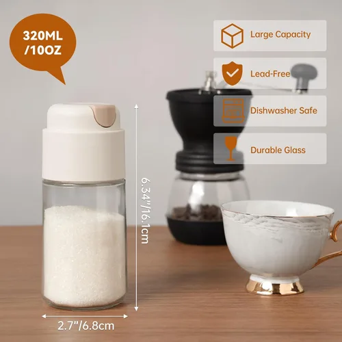 Vista 3 de NiHome Dispensador de azúcar de 10 onzas con interruptor automático de vertido para el hogar, cocina, estación de café, tarro de vidrio para azúcar
