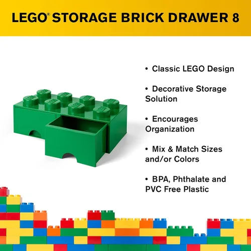 Vista 5 de LEGO - Cajón de ladrillos, 8 perillas, 2 cajones, caja de almacenamiento apilable, color verde oscuro