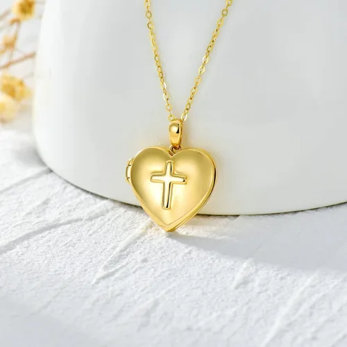 Vista 3 de MUUYON 9K Gold Personalized Photo Locket Necklace Heart Shaped for Women, Real Yellow Gold Cross Custom Locket Necklace That Hold Picture for Women