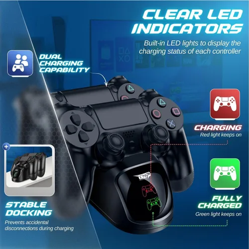 Vista 3 de TNP PS4 Controller Charging Station Dock Stand PS-4 Dualshock Control Gamepad USB Port Dual Charger Cradle Base with Cable & LED Indicator for Sony