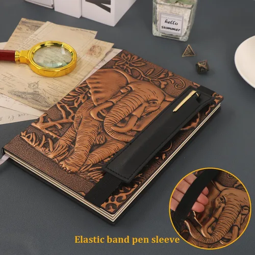 Vista 3 de FEIDIAO Cuaderno vintage de cuero con relieve de elefante con bolígrafo/funda para bolígrafo, cuaderno de tapa dura A5, para bloc de notas