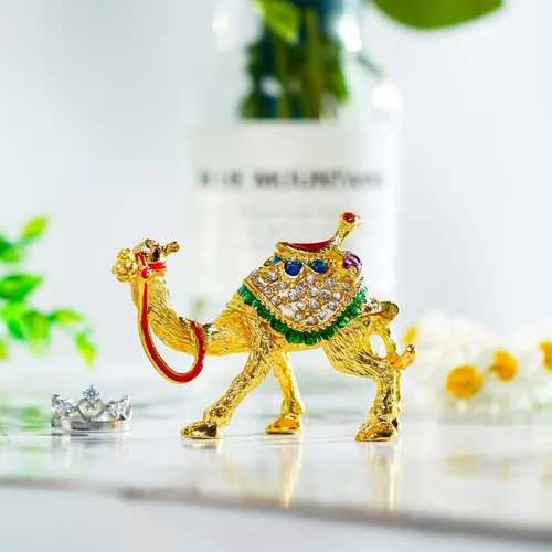 Vista 7 de YU FENG Adorno decorativo de figuras de camello de cristal dorado de 2.4 pulgadas, estatuas de camello esmaltadas doradas, caja de joyería