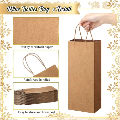 Vista 3 de Handepo 50 bolsas de papel kraft para vino con asas prácticas de 13 x 5.3 x 3.3 pulgadas, bolsas de compras para pequeñas empresas (marrón)