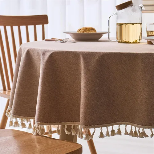 Vista 4 de Dimatic Mantel redondo con textura de lino con ribete de encaje, impermeable, a prueba de derrames, para decoración de mesa de cocina, comedor, Beige
