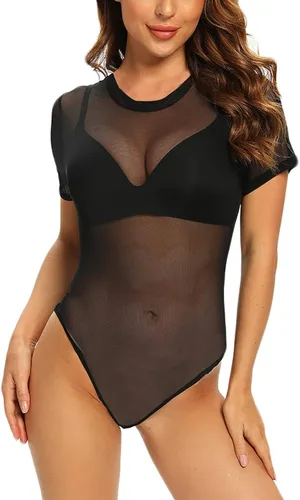 Vista 2 de MAYFASEY - Body ajustado de manga larga para mujer con malla transparente y sexy