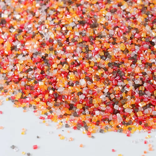 Vista 6 de Azúcar de Arena de Otoño, 120g - Chispas de azúcar comestibles naranjas, amarillas, rojas, blancas y marrones para decoraciones de horneado