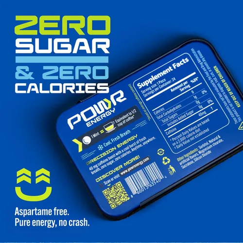 Vista 2 de POWR Mentas energéticas – 24 mentas, 40 mg de cafeína por menta, sin azúcar, cero calorías, sin aspartamo – Pre-entrenamiento, ciclismo, correr