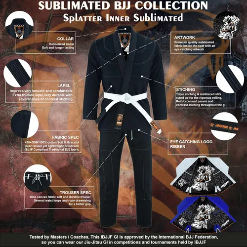 Vista 3 de Splatter Inner Sublimated Pro Brazilian Jiu Jitsu BJJ Kimono Gi Uniforme Unisex Cinturón blanco incluido