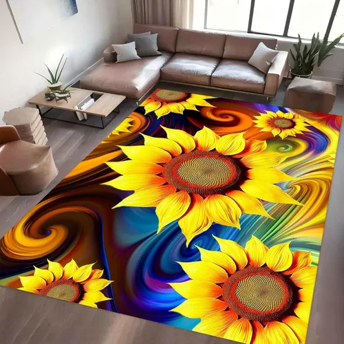 Vista 10 de Alfombra hippie de girasol, 3 x 4 pies, alfombra floral abstracta, alfombra multicolor brillante, antideslizante, fácil de limpiar, para entrada