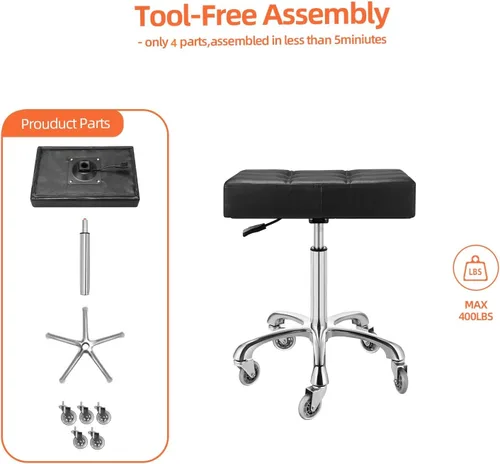 Vista 9 de Kaleurrier Taburetes resistentes con ruedas, taburete ajustable sin respaldo de 400 libras, silla giratoria para superficie de altura de mostrador