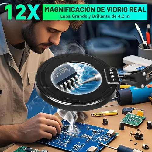 Vista 3 de Lupa ultra larga de 3 secciones con brazo de 3 secciones con luz y soporte, lupa iluminada LED con manos que ayudan Lámpara de escritorio