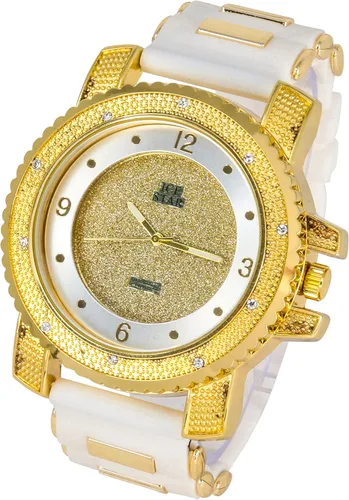 Vista 3 de Techno Pave Reloj de gran tamaño de 2.047 in para hombre, bisel brillante, esfera redonda, correa de silicona, acabado en oro y plata de 14