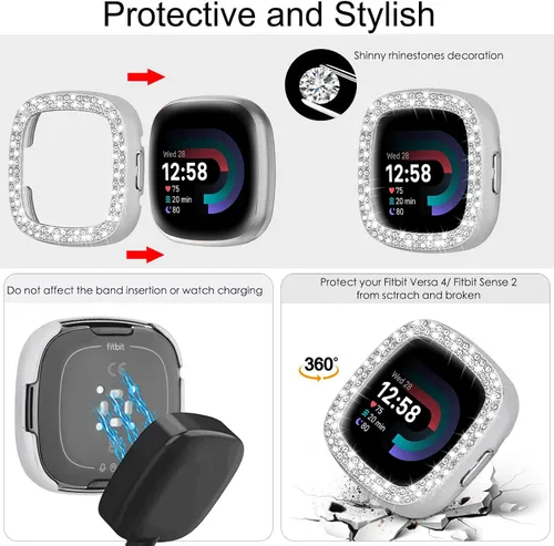 Vista 2 de MOFREE Compatible con Fitbit Versa 4 bandas/Fitbit Sense 2 bandas mujeres con funda protectora rígida para parachoques, joyería elegante, pulsera