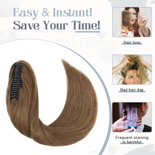 Vista 49 de Rich Choices Extensión de cola de caballo con clip de garra, cabello humano real, una pieza, extensiones de cabello largo Remy para mujer, #18P613