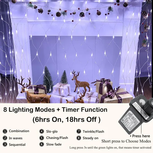 Vista 2 de Joomer 360 luces LED de red de Navidad de 12 x 5 pies, 8 modos de luces de malla conectables, temporizador, impermeable para árboles de Navidad