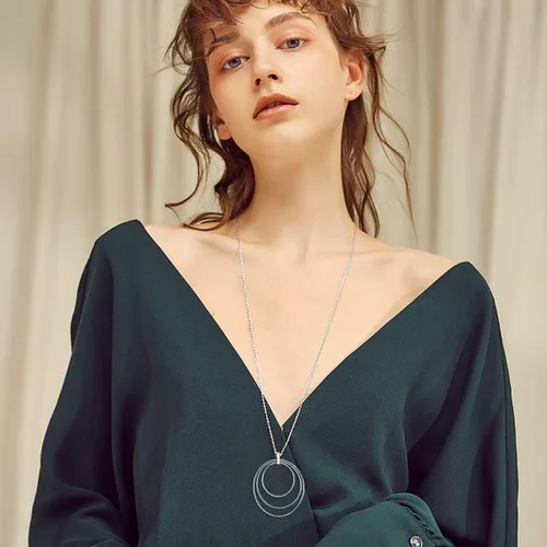 Vista 2 de Collar largo de cadena de plata de ley S925 con dije grande para mujeres y niñas, Plata de ley