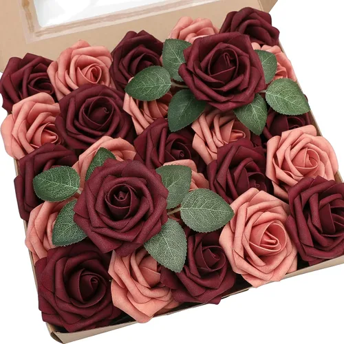 Vista 9 de Floroom Flores artificiales, 25 piezas de rosas falsas de espuma dorada antigua de aspecto real con tallos para ramos de boda DIY, centros de mesa