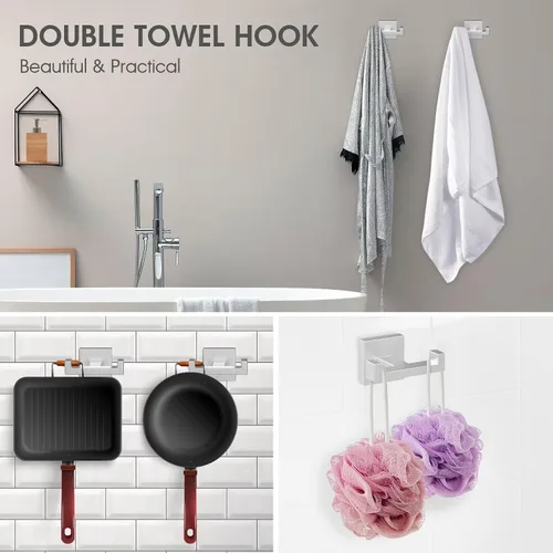 Vista 2 de BOZWELL Ganchos dobles para toallas para baño, montaje en pared de níquel castrado, estilo cuadrado simple y moderno, gancho para bata y abrigo