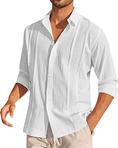 Vista 6 de Camisa de manga larga de lino y algodón para hombre, estilo casual, de verano, guayabera cubana, con botones, cuello de solapa sólida