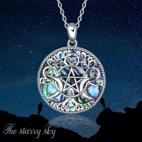 Vista 2 de YFN Collar de diosa de triple luna plata de ley pentagrama pentagrama ópalo pagano wiccano magia amuleto de árbol de la vida joyería para mujeres