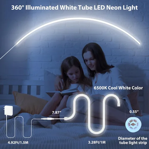 Vista 2 de Cuerda de luz LED de neón de 360°, tubo redondo de 3.28 pies, 6500 K, tira de luces LED blancas de iluminación de 360 grados, IP65, impermeable