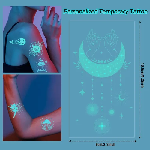 Vista 2 de Tatuaje temporal bohemio místico – 26 hojas de tatuajes temporales de mariposa que brillan en la oscuridad para mujeres adultas, calcomanías